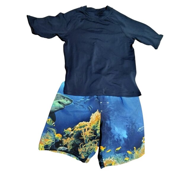 Boys Blue Rash Gaurd and Shark Swim Trunks Set 8 - Bathing suit Ocean Beach Pool - Picture 2 of 7